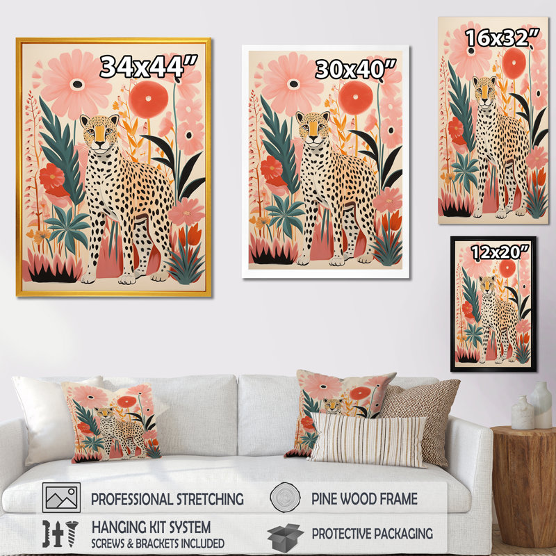 Pink and Green Tropical Leopard Canvas Print with White Floater Frame