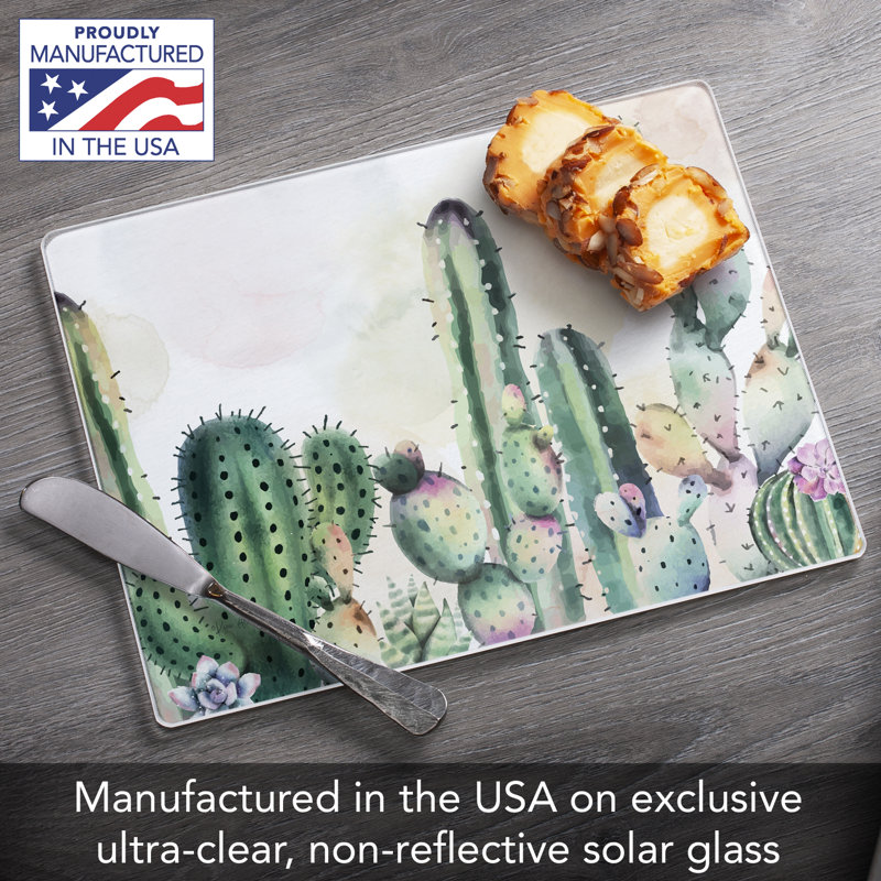 Watercolor Cactus Tempered Glass Rectangular Cutting Board