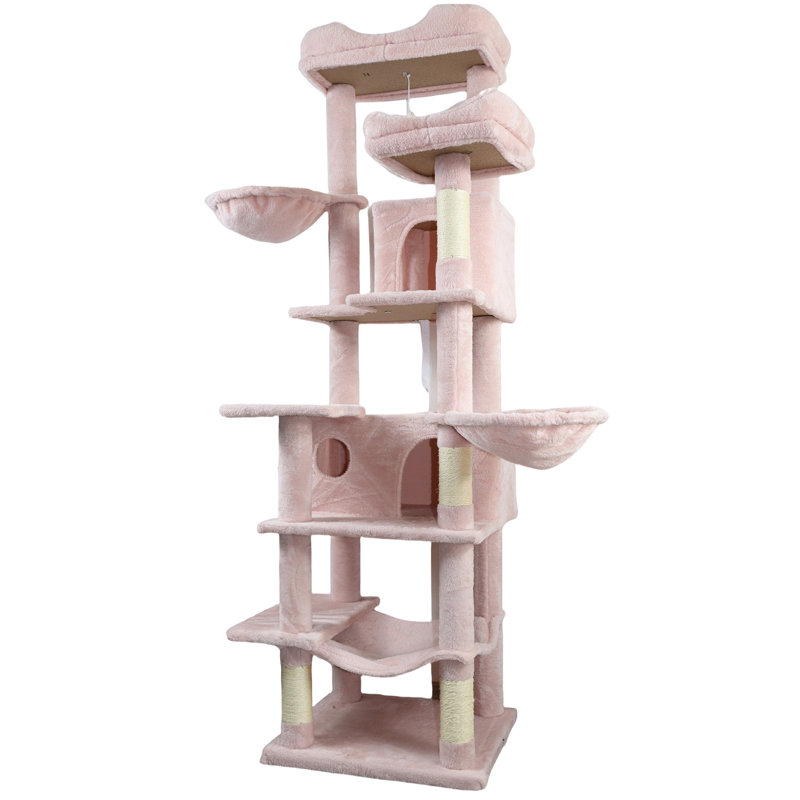 Arbre à chat à niveaux multiples de 68 pouces de hauteur rose avec 6 aires de jeu, coussins amovibles confortables, poteaux à griffes enveloppants relaxants pour chats