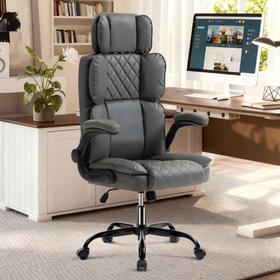 Fauteuil de direction ergonomique en cuir à haut dossier avec appui-tête réglable (gris)