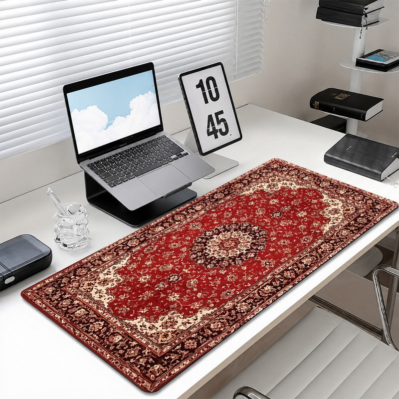 Tapis de souris en caoutchouc, surface lisse en microfibre, base antidérapante, bords arrondis, motif tapis oriental rouge, idéal pour le bureau et les jeux vidéo, 30 x 81 cm.