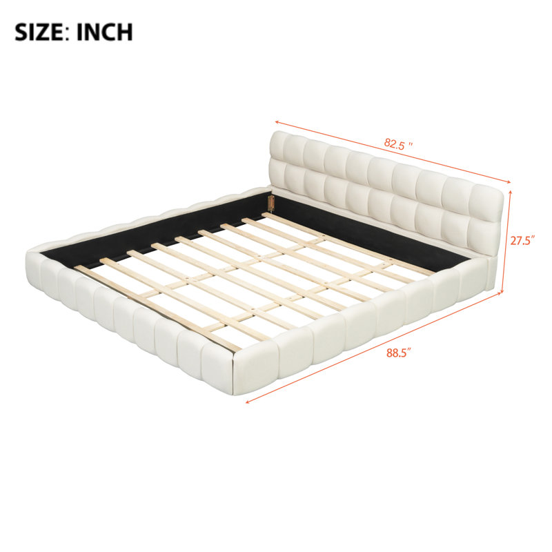 King Size Upholstered Platform Bed with Thick Fabric, Grounded Bed with Solid Frame, Beige, Beige