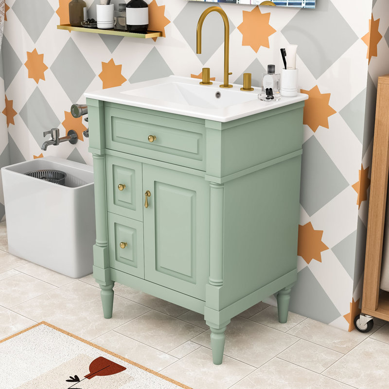 Meuble-lavabo de salle de bain avec lavabo en céramique, tiroir rabattable et tablette réglable pour les salles de bain modernes