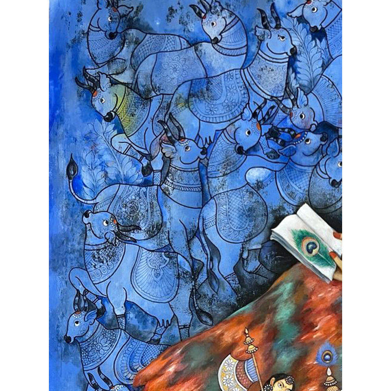 Morpankh - Le signe de Krishna | Acrylique sur toile | Par Nikunja Bihari Das | Avec cadre