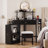 Black Corner Vanity Desk Set With Charging Station, Storage Stool & Glass Top-236470861