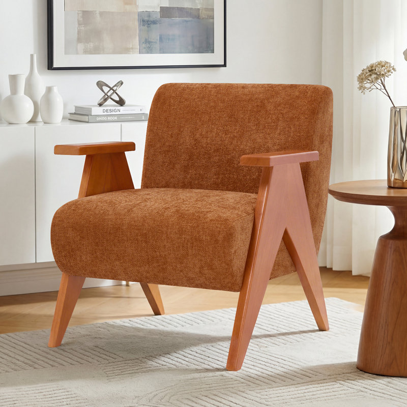 28"W Upholstered Arm Chair with Wood Legs, Orange