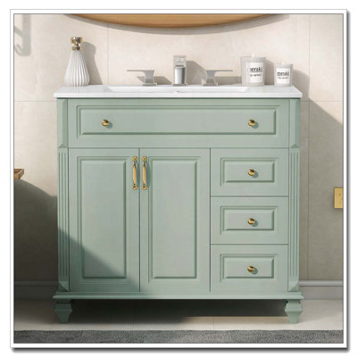 36" Solid Wood Bathroom Vanity with Flip Drawer and Golden Handles