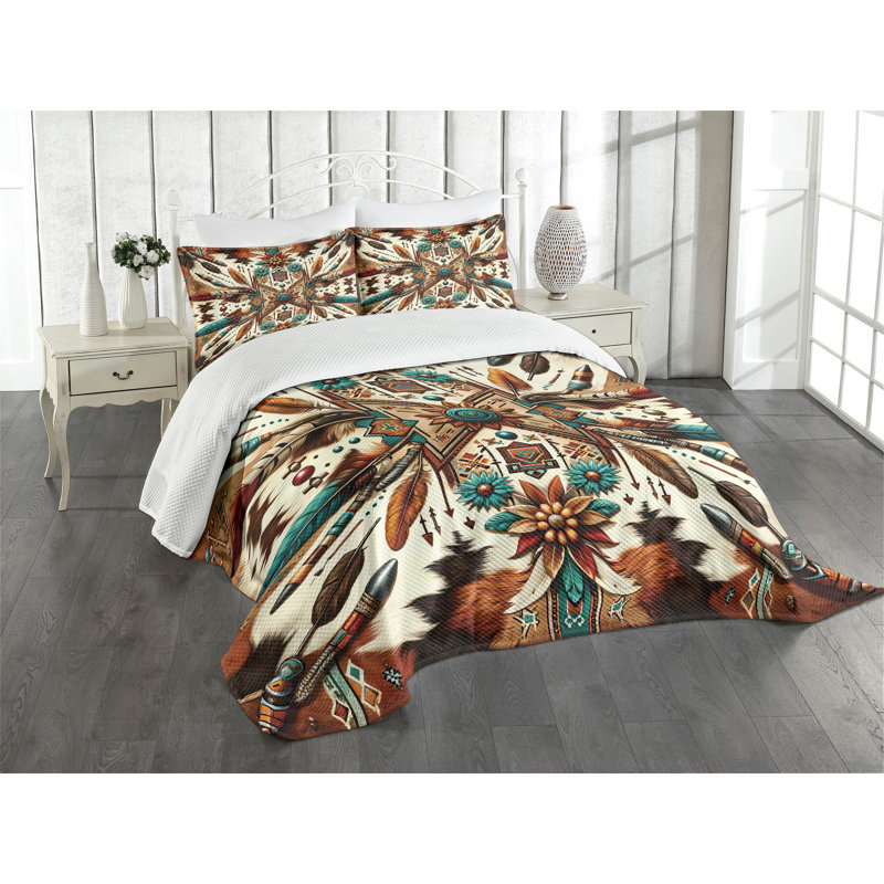 King Size Blue and Brown Aztec Inspired Bedspread Set