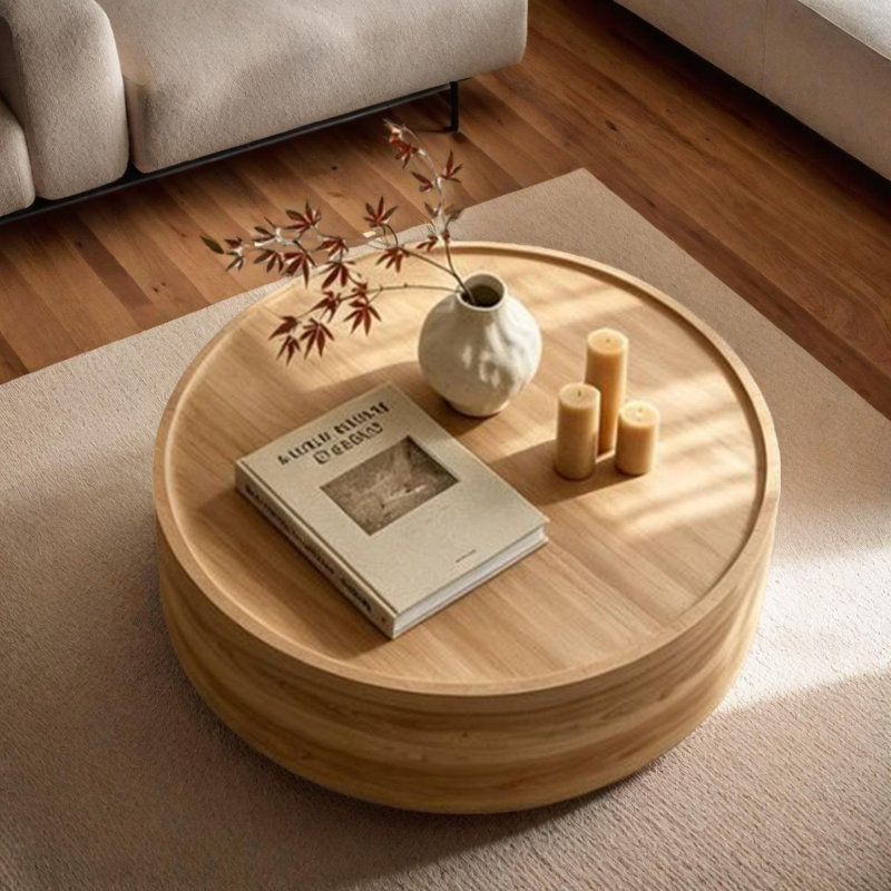 Table basse ronde 39,37 po en faux béton, table d'appoint tambour moderne, aucun assemblage requis, Natural Wood