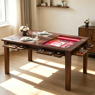 Table de jeu en bois avec lumière à DEL pour 4 à 6 personnes, table de jeu avec tapis de jeu, 6 porte-gobelets et plateaux de loisirs, table de salle à manger avec plateau amovible
