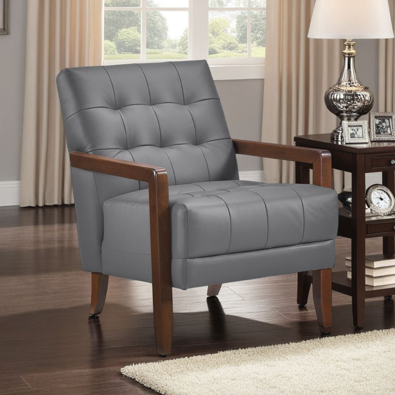 Fauteuil Lenie, cuir capitonné, bois de noyer, Gris foncé