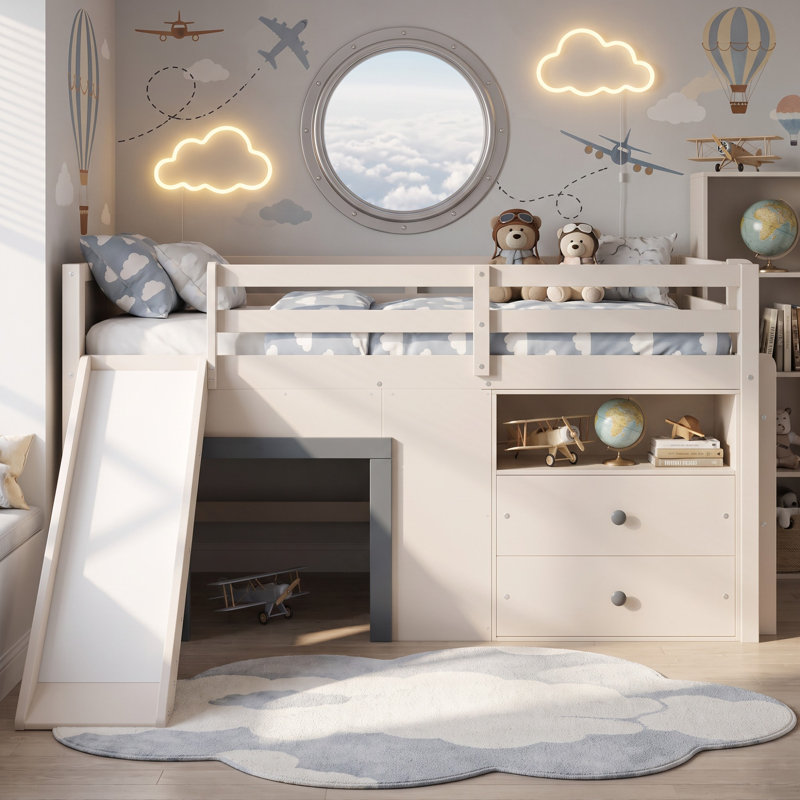 Lit mezzanine bas gris avec glissade, 3 tiroirs de rangement et 2 portes d'armoire, cadre de lit mezzanine en bois pour enfants avec rangement intégré