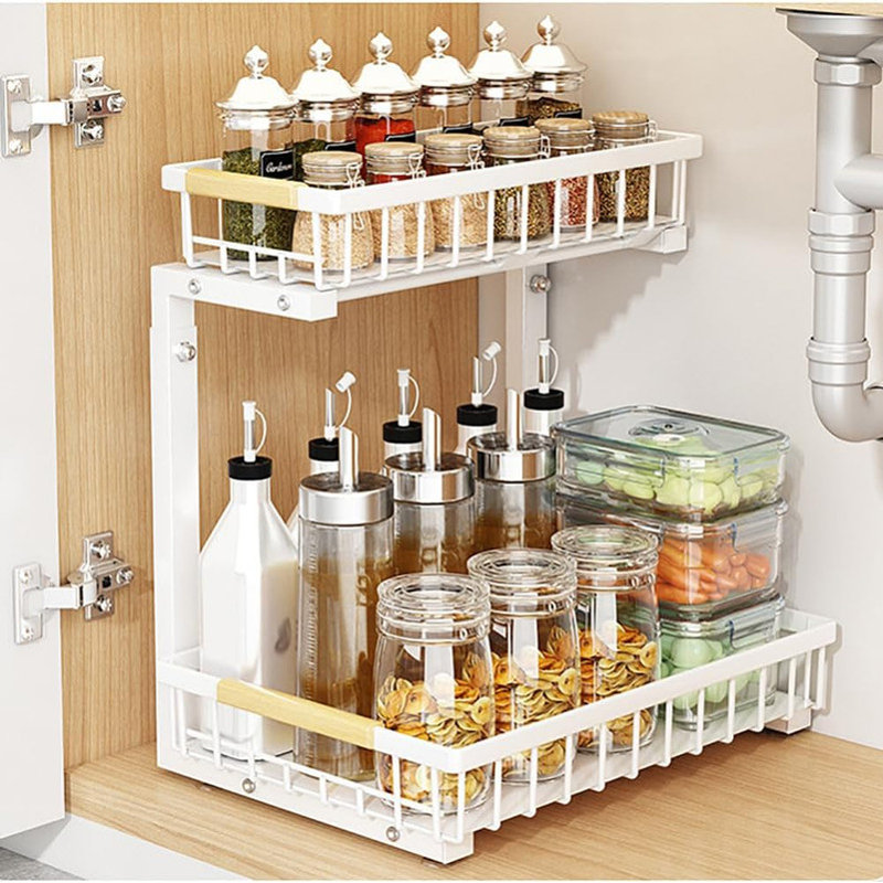 Under Sink Organizer,Pull Out Cabinet Organizer 2 Tier Slide Out Sink Shelf, Carbon Steel Under Sink Storage For Kitchen Bathroom Cabinet
