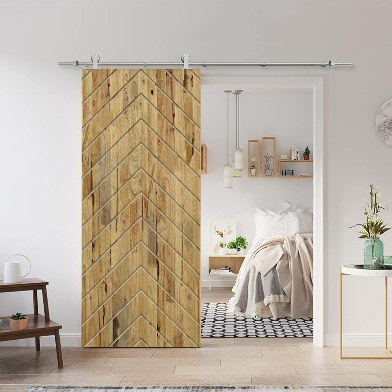 Porte de grange lambrissée peinte en bois et en métal avec trousse de quincaillerie d'installation, 30 po x 84 po, Brun
