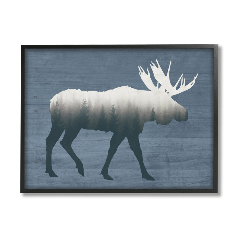 «Woodland Trees sein Moose Silhouette Rustic Animal», cadre flottant, impression sur toile, Giclée encadrée noir minuit