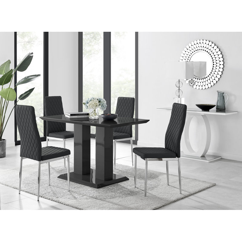 5-Piece Wood Dining Table Set with 4 Faux Leather Upholstered Chairs and Rectangular Table, Black, Black/Silver
