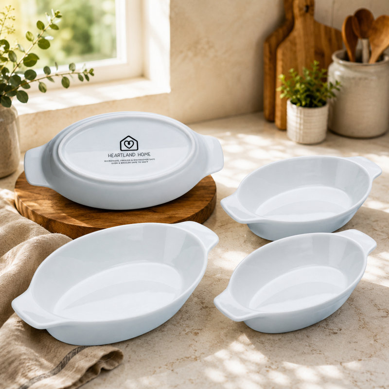 Porcelain Au Gratin Dish Set – Oval Mini Casserole Baking Dishes, Oven Safe, White, 4 Piece