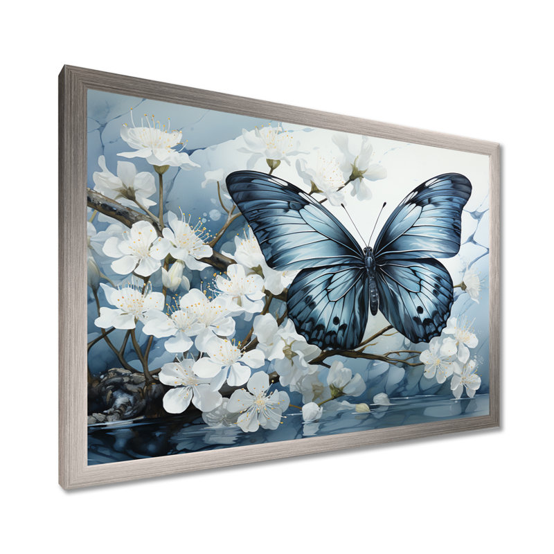 Bertena, bleu, blanc, papillon, reflet - art mural papillon, Cadre photo unique, H 16 po x l 32 po, Argent argent