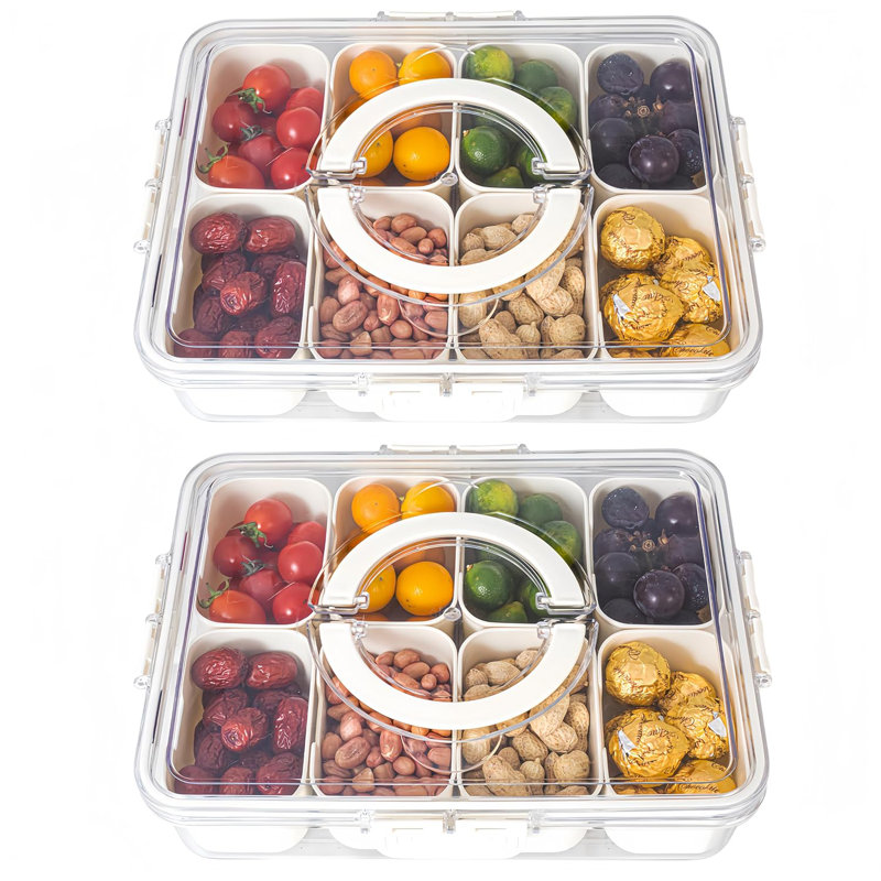 Divided Serving Tray With Lid And Handle - Divided Snack Tray For Portable Snack Platters - Clear Organizer For Candy, Fruits, Nuts, Snacks - Perfect For Party, Entertaining，2 Pcs