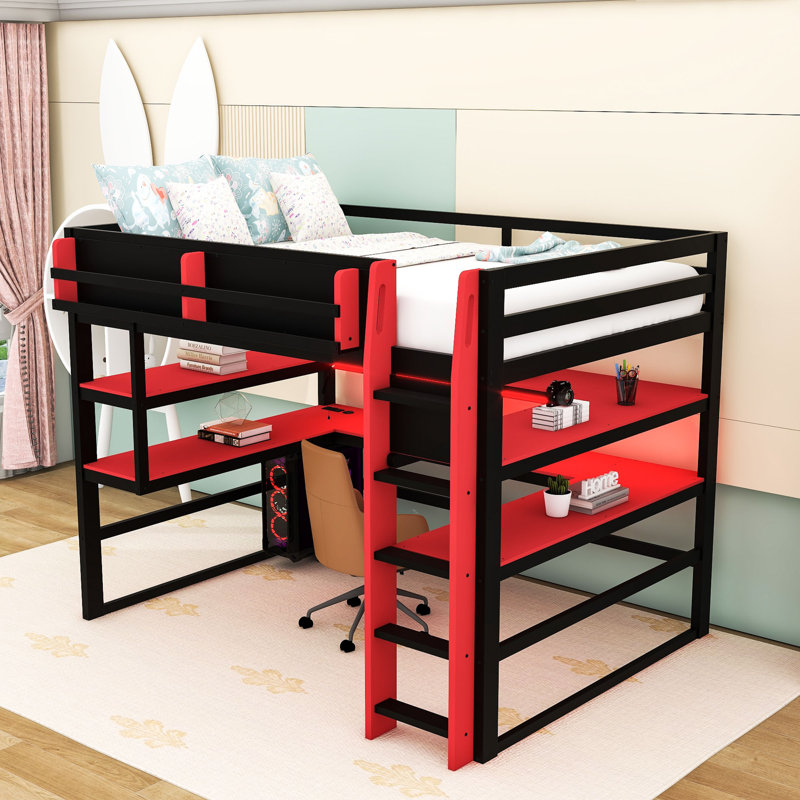 Lit mezzanine avec bureau, lumières RVB, support de rangement latéral et tablettes multiples, Rouge, Double
