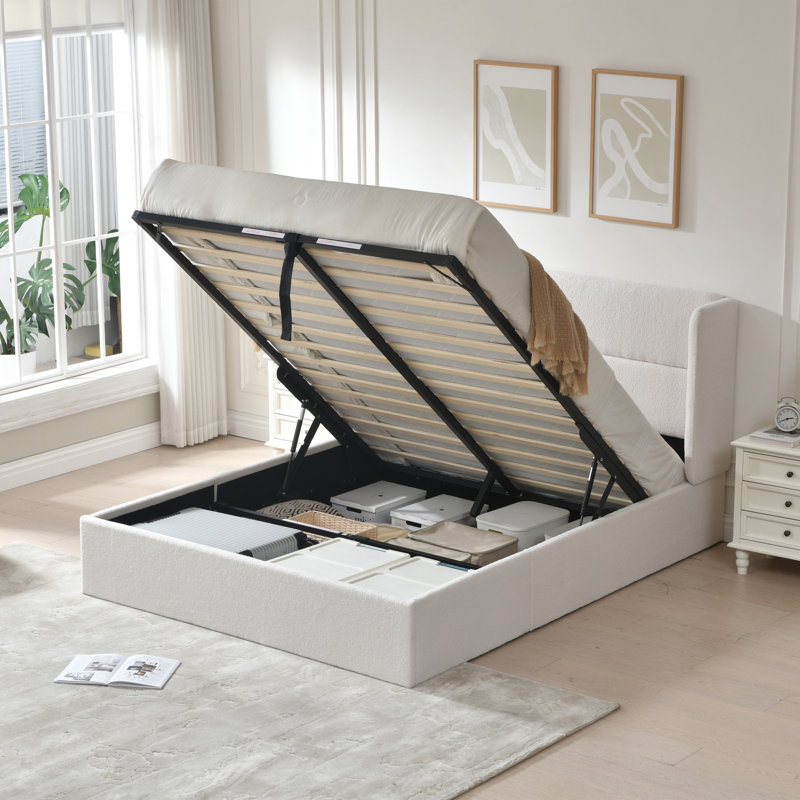 Lit plateforme tapissier avec rangement Gaillarde, Grand, Blanc