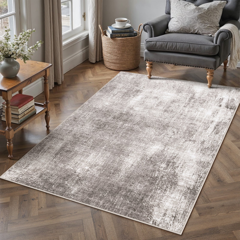 Asher Abstract Modern Machine Woven Asher in Dark Grey, Rectangle 3' x 5'