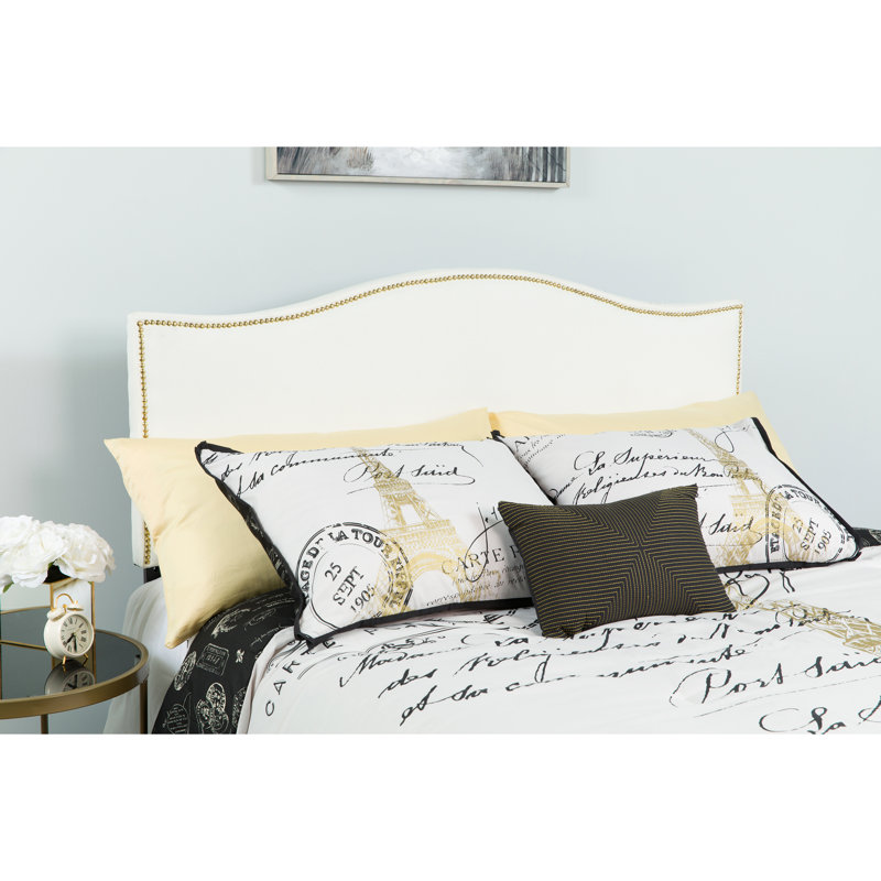 Fitzsimmons Arched Upholstered Headboard with Accent Nail Trim, Queen, White