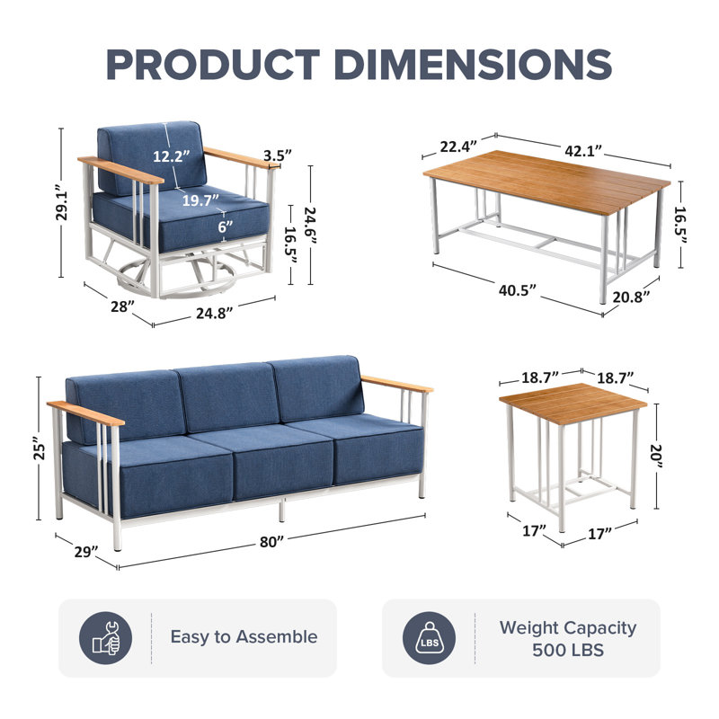Ensemble de patio extérieur en osier 9 pièces avec canapé, chaises berçantes pivotantes et table basse, Bleu, Blanc