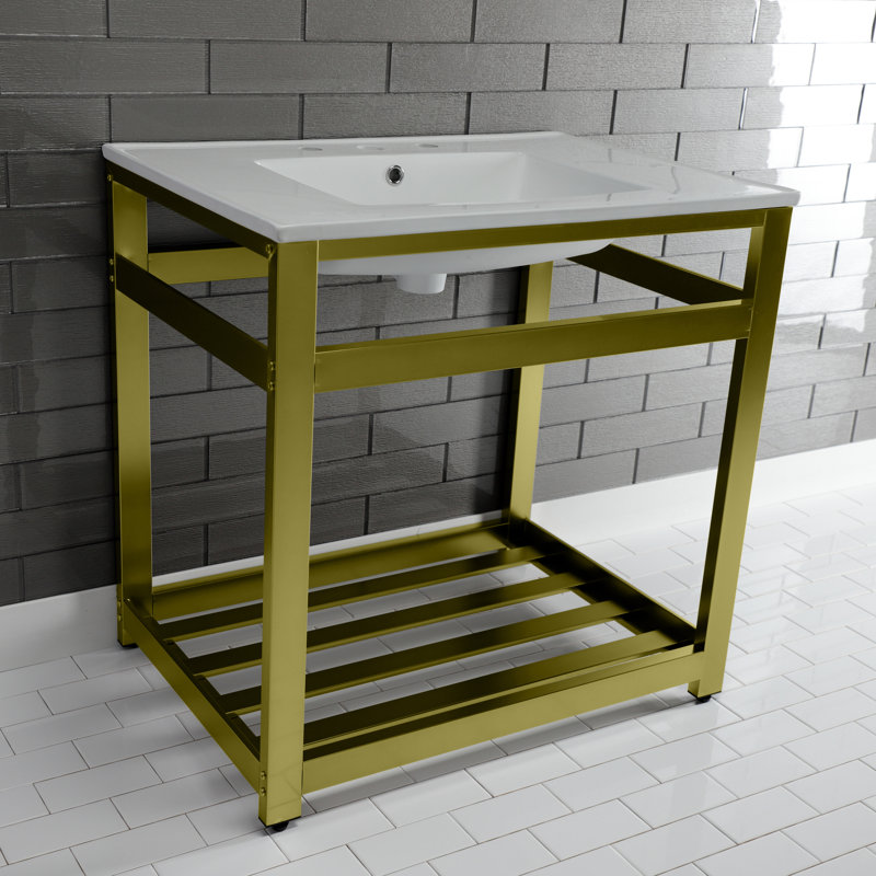 Kingston Brass Quadras 31-Inch Ceramic Console Sink with Steel Base and Shelf, 8" Centers, White/Brushed Brass
