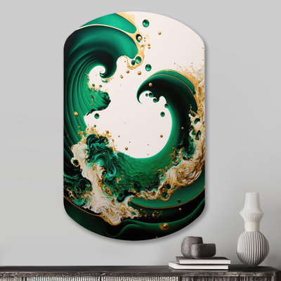 Emeraude vert et or abstrait Vagues I - spirales abstraites, décoration murale asymétrique en métal, impression d'art moderne cylindrique