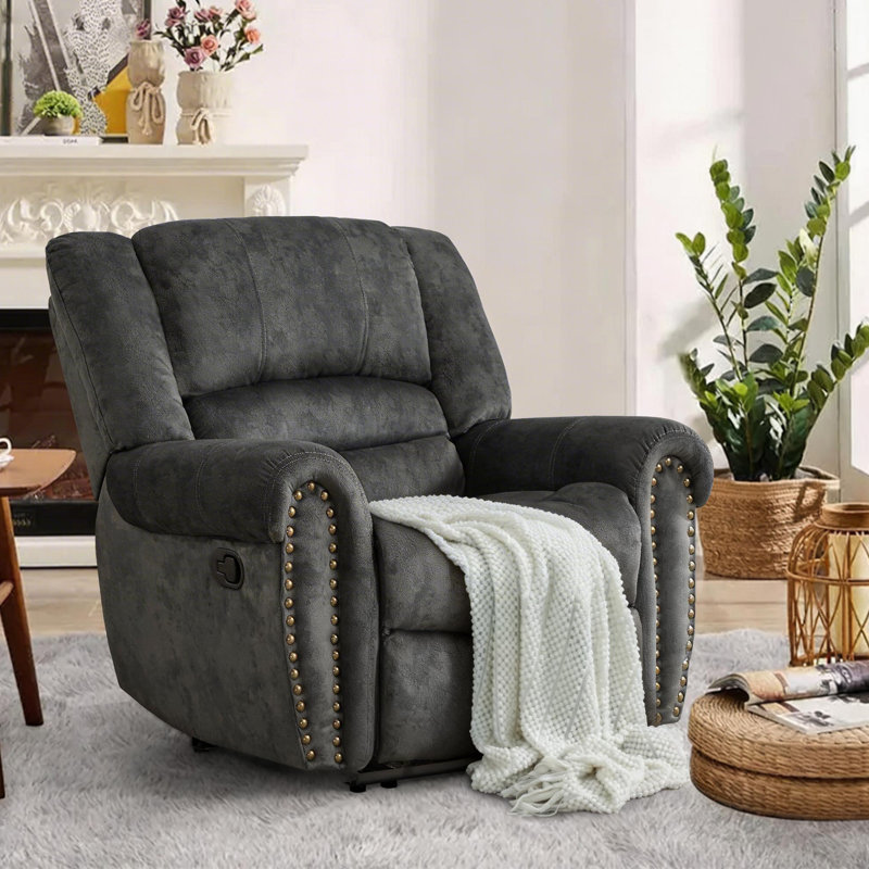 Chemika 40.9'' W Classic Super Soft Padding And Oversize Manual Recliner With Rivets, Smoke Gray Performance Microfiber