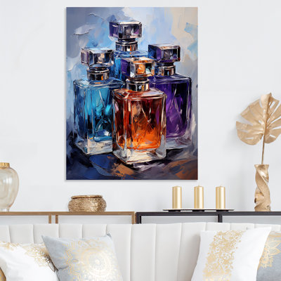 Bleu et mauve, bouteilles parfumées, élégance - Parfums, art mural en métal