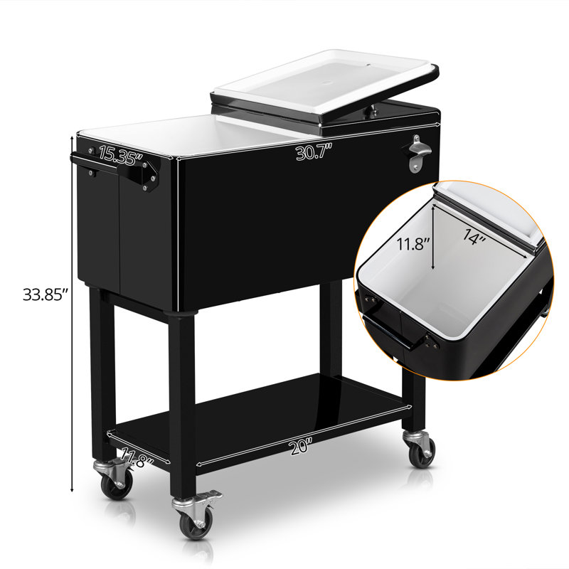 Black Metal 80 Qt. Outdoor Rolling Cooler Cart with Detached Lid