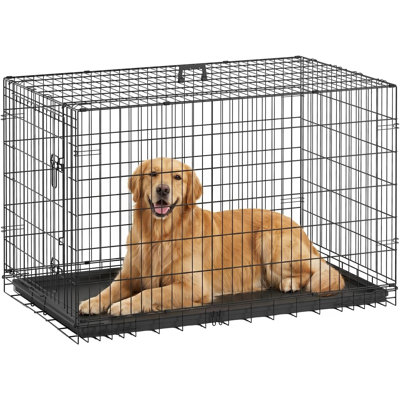 Cage pour chien de 122 cm de large en fil de fer métallique, résistant aux intempéries, avec double porte verrouillable, panneau de séparation et plateau amovible.