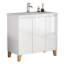Meuble-lavabo moderne de 91 cm (36 pouces) avec lavabo intégré, 2 portes et tiroirs à fermeture amortie, poignées élégantes, pieds en bois naturel, lavabo en céramique blanche facile à installer, tiroirs et placards de rangement.