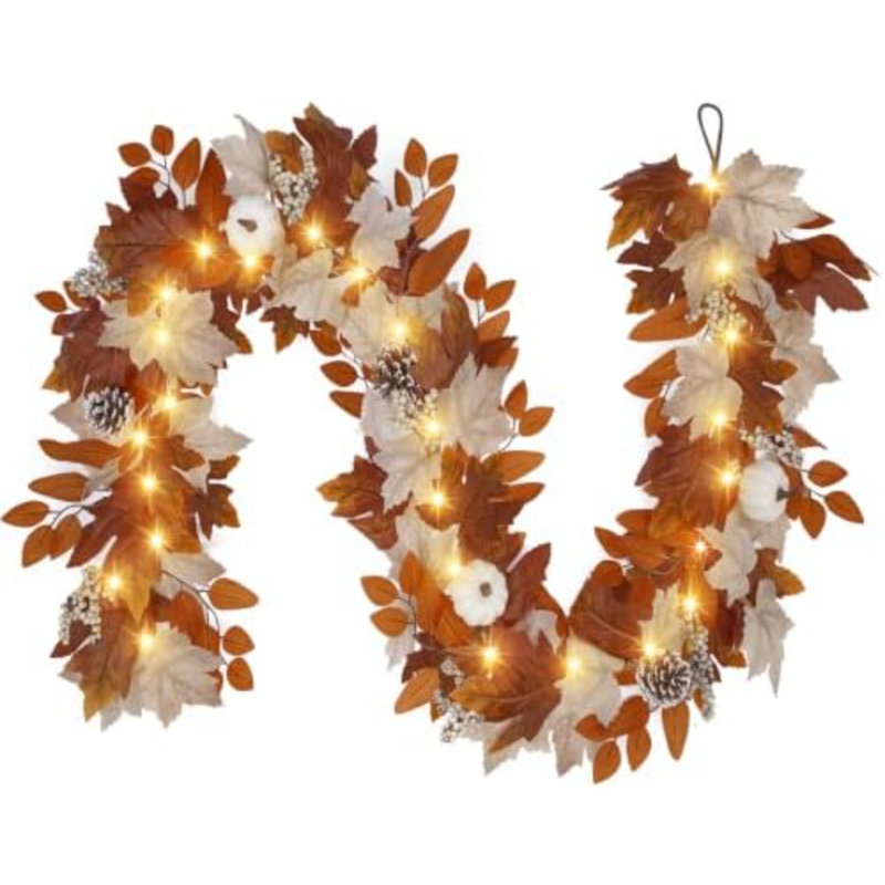 Fall Garland with Lights & Timer, Thanksgiving Fireplace Mantel Décor, 108" L