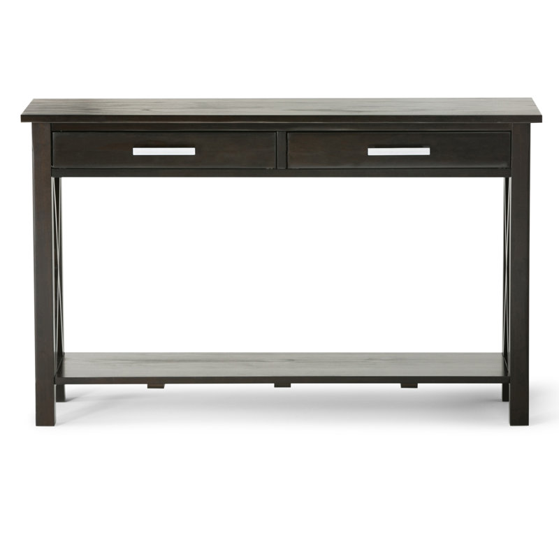 Table de canapé contemporaine en bois massif l 47 po Kitchener avec 2 tiroirs, tablette inférieure et panneaux latéraux en X