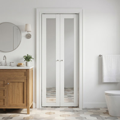 Mirrored Solid Manufactured Wood Pivot-French Door with Installation Hardware Kit