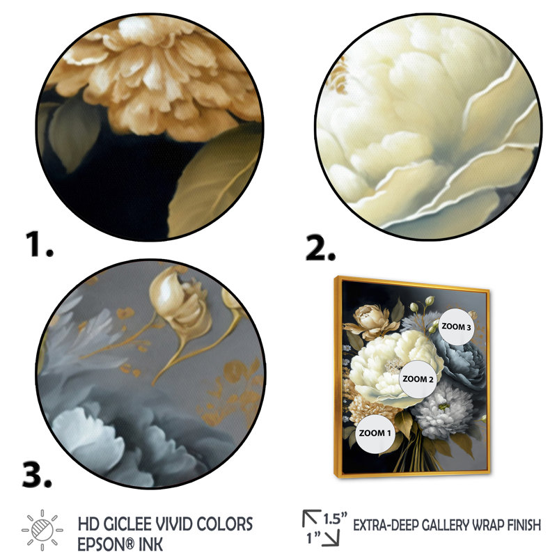 Art mural encadré blanc, bleu et gris - pivoines II, H 40 po x l 30 po x P 1,5 po, Cadre flottant doré