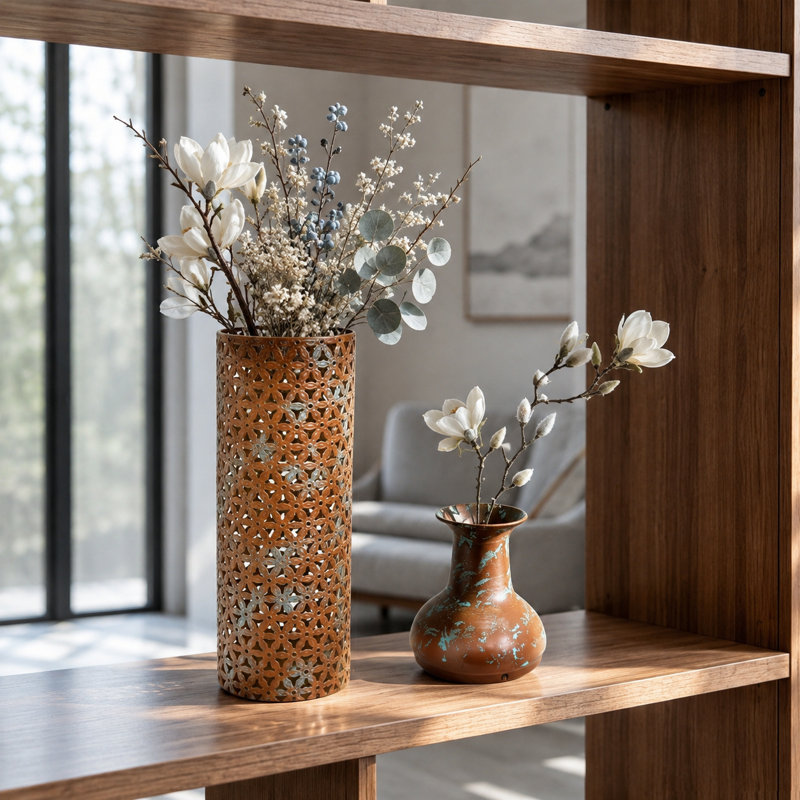 Ensemble de 3 vases de plancher en métal brun rustique, ensemble de grands vases gigognes avec découpes florales