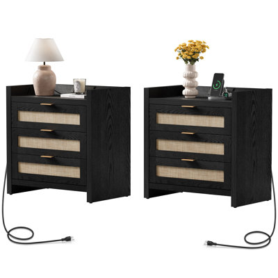 Ashvir Rattan 3-Drawer Nightstand With Built-In Outlets