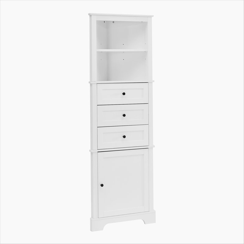 Triangle Tall Cabinet with 3 Drawers and Adjustable Shelves for Bathroom, Kitchen or Living Room, MDF Board, White