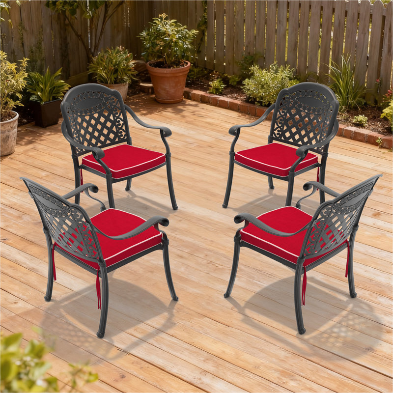 Chaise de patio en fonte d'aluminium 4 pièces avec cadre noir, Red, 4