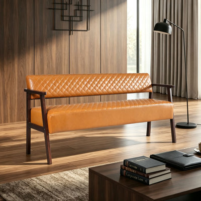Banc d'attente 2 places, canapé de salle d'attente en similicuir matelassé avec accoudoirs et structure en bois, banc commercial pour salon de coiffure, bureau ou domicile