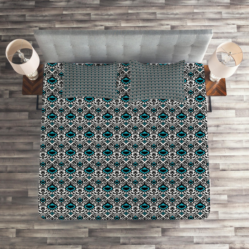 Morrocan Eclectic Polyester Ikat Coverlet, King Bedspread + 2 Shams, Green Geometric