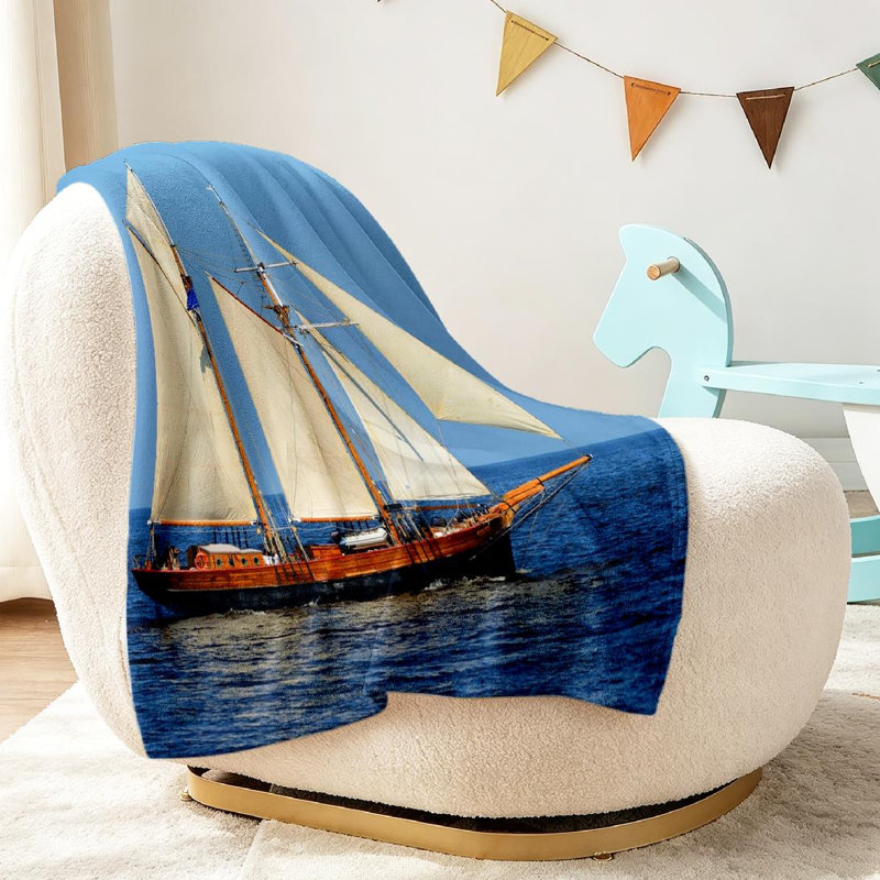 Jeté en flanelle bleue ultra douce, imprimé d'un côté, grand voilier historique, Jeté 30 po x 40 po