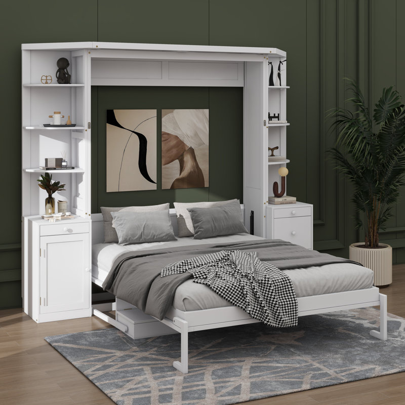 Grand lit escamotable avec bureau intégré, unités de rangement et armoires, Blanc