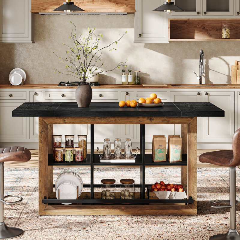 Kitchen Island with Storage, Black/Rustic Brown