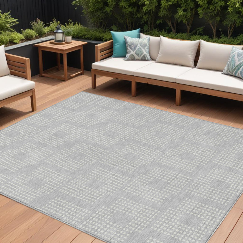 Tapis extérieur lavable à motif géométrique argenté et ivoire 10 pi x 14 pi