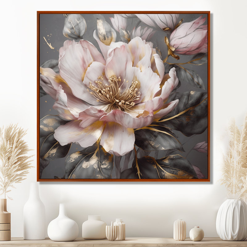 Rose et gris pivoines en fleurs III - pivoines, art mural, H 30 po x l 30 po, Cadre flottant brun